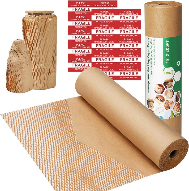 liirro Honeycomb Packing Paper,15" x 200' Bubble Cushioning Wrap Roll for Moving Shipping Packaging Gifts, Recyclable Cushioning Paper Moving Packing Supplies Protective Roll with 20 Fragile Sticker Labels - Image 1